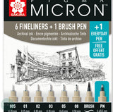 Fineliner Pigment Pen Set - SAKURA Pigma Micron - 6 assorted widths + 1 FREE Everyday Pen  - 005,01,02,03,05,08 & BRUSH