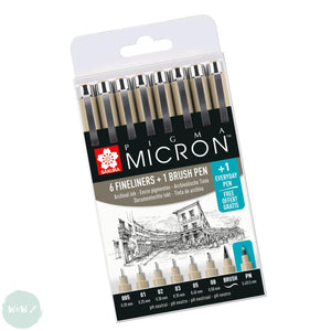 Fineliner Pigment Pen Set - SAKURA Pigma Micron - 6 assorted widths + 1 FREE Everyday Pen  - 005,01,02,03,05,08 & BRUSH