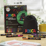 PAINT MARKER - POSCA - Set - 11  x PC-3M & 1 x PC-7M plus free pen pouch - STANDARD Colours