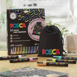 PAINT MARKER - POSCA - Set - 11  x PC-5M & 1 x PC-7M plus free pen pouch - PASTEL Colours
