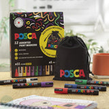 PAINT MARKER - POSCA - Set - 11  x PC-5M & 1 x PC-7M plus free pen pouch - STANDARD Colours