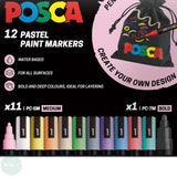 PAINT MARKER - POSCA - Set - 11  x PC-5M & 1 x PC-7M plus free pen pouch - PASTEL Colours