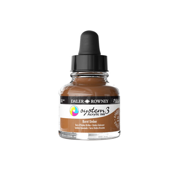 ACRYLIC INK - OPAQUE - Daler Rowney - SYSTEM 3 - 29.5ml Pipette Bottle -  BURNT UMBER