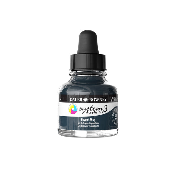 ACRYLIC INK - OPAQUE - Daler Rowney - SYSTEM 3 - 29.5ml Pipette Bottle -  PAYNES GREY