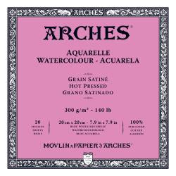 Watercolour Paper - BLOCK - ARCHES Aquarelle -  SATINE (HOT PRESSED / SMOOTH)  140 lb/ 300 gsm WHITE  20 x 20 cm, 8 x 8",