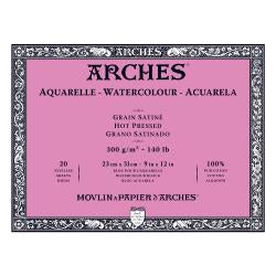 Watercolour Paper - BLOCK - ARCHES Aquarelle -  SATINE (HOT PRESSED / SMOOTH)  140 lb/ 300 gsm WHITE  23 x 31 cm, 9 x 12