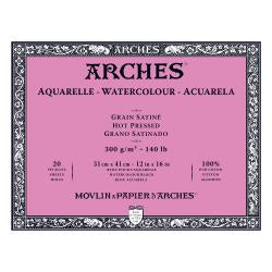 Watercolour Paper - BLOCK - ARCHES Aquarelle -  SATINE (HOT PRESSED / SMOOTH)  140 lb/ 300 gsm WHITE  31 x 41 cm, 12 x 16