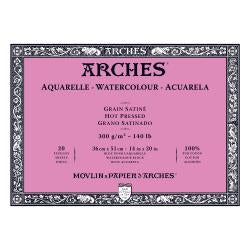Watercolour Paper - BLOCK - ARCHES Aquarelle -  SATINE (HOT PRESSED / SMOOTH)  140 lb/ 300 gsm WHITE  36 x 51 cm, 14 x 20