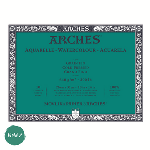 Watercolour Paper - BLOCK - ARCHES Aquarelle -  300lb / 640gsm FIN (COLD PRESSED / NOT), Surface 26 x 36 cm, 10 x 14"