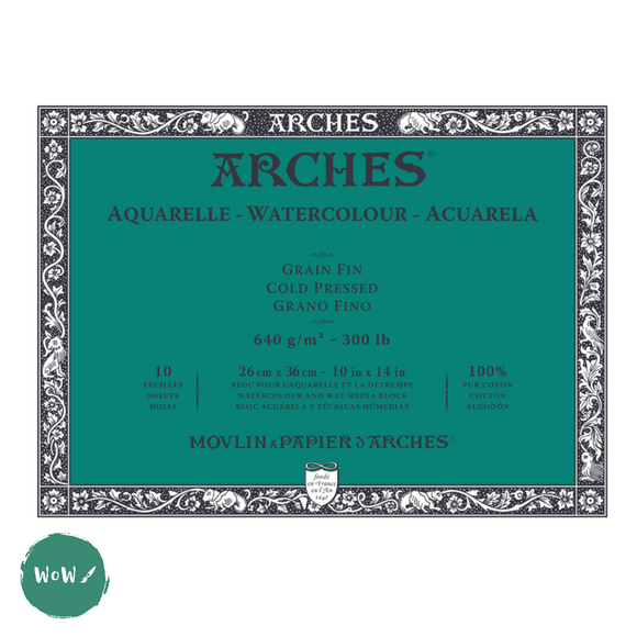 Watercolour Paper - BLOCK - ARCHES Aquarelle -  300lb / 640gsm FIN (COLD PRESSED / NOT), Surface 26 x 36 cm, 10 x 14