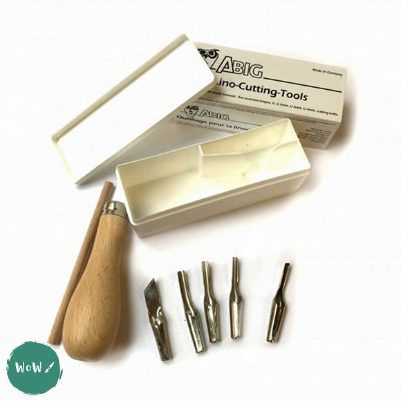 BLOCK / LINO PRINTING - CUTTING TOOL - ABIG 5 assorted Blade and Wooden Handle set