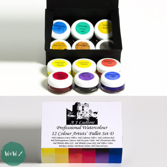 Watercolour Paint Sets - AJ Ludlow Professional - 4ml Glass Jars TASTER SET 'D'- Twelve Colour mixing