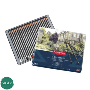 Coloured Pencil Sets -DERWENT GRAPHITINT -  24 Tin INCLUDING FREE WATERBRUSH PEN & SPECIALIST ERASER TWIN PACK WORTH £17.19