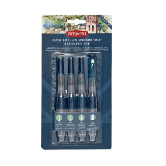 Water Brush Pen SET - DERWENT PUSH BUTTON - Set of 4 - Fine, Medium, Large Round Tips & Large Chisel Tip