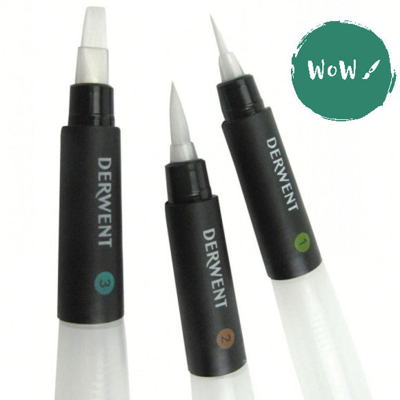 Water Brush Pen SET - DERWENT Set of 3 Fine, Medium & Flat