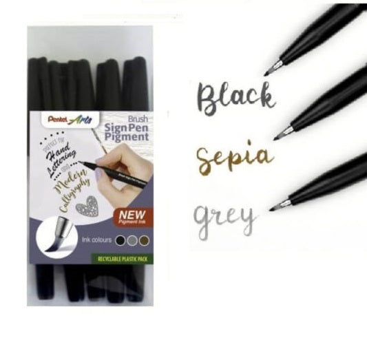 Fineliner Pigment Pen Set - Pentel BRUSH SIGN PEN PIGMENT INK - 5 assorted pack