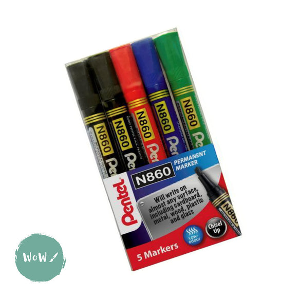 Permanent Marker- 5 x Pentel N860 Low odour Chisel Tip Permanent Markers - 2 x Black, 1 x red, blue, green