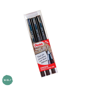 Disposable Fountain Pen - PENTEL Stylo - PACK of 3 - Grey, Blue/Black, Sepia