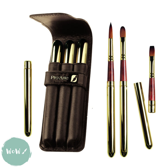 BRUSH SET - Pro Arte MIDAS - Two-Part Travel Brushes x 3 -  FLAT, ROUND & FILBERT with Leather carry case