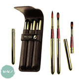 BRUSH SET - Pro Arte MIDAS - Two-Part Travel Brushes x 3 -  FLAT, ROUND & FILBERT with Leather carry case