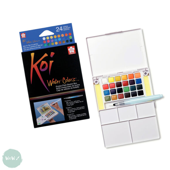 Watercolour Paint Sets - SAKYRA KOI -  24 Half Pan - POCKET FIELD SKETCH BOX with Waterbrush