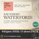 WATERCOLOUR PAPER - Saunders WATERFORD - HIGH WHITE - 10 SHEETS - 640 gsm (300lb) - 22 x 30" - HOT PRESSED (HP, SMOOTH)