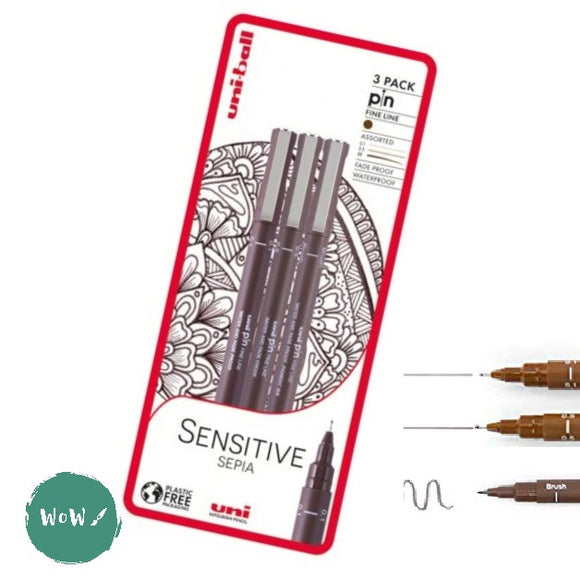Fineliner Pigment Pen Set - Uni-ball UNI PIN - SEPIA 3 pens - 0.1, 0.5 & Brush