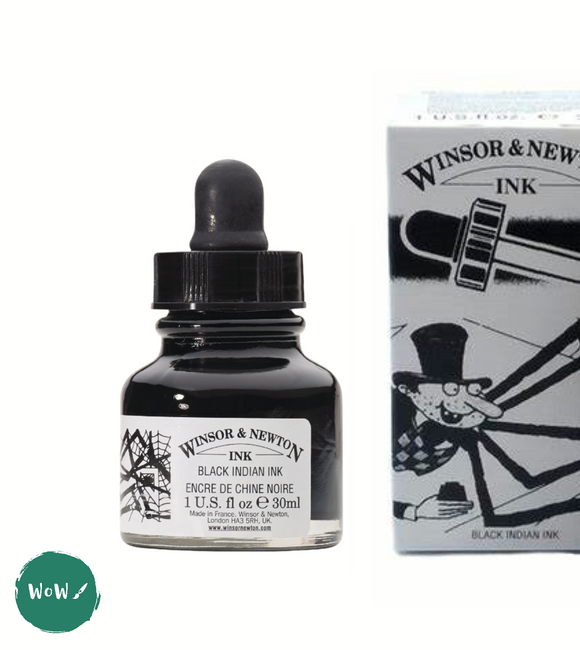 Winsor & Newton : Drawing Black Indian Ink : 30ml : Water Resistant : With  Dropper